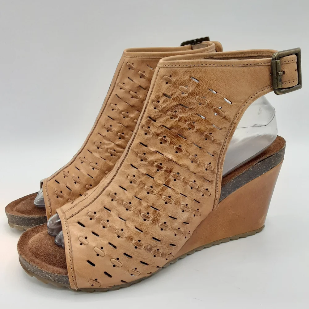 Diba True Leather Boho Tan Perforated Wedge Sandals.